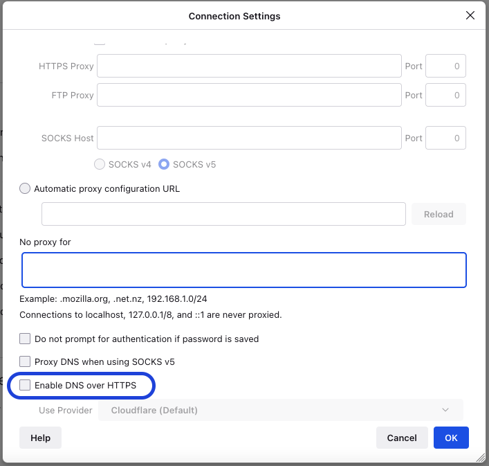 Connection settings in Firefox